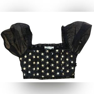 NWT. Black & Gold Floral Tulle Sleeve Crop Top Size Small